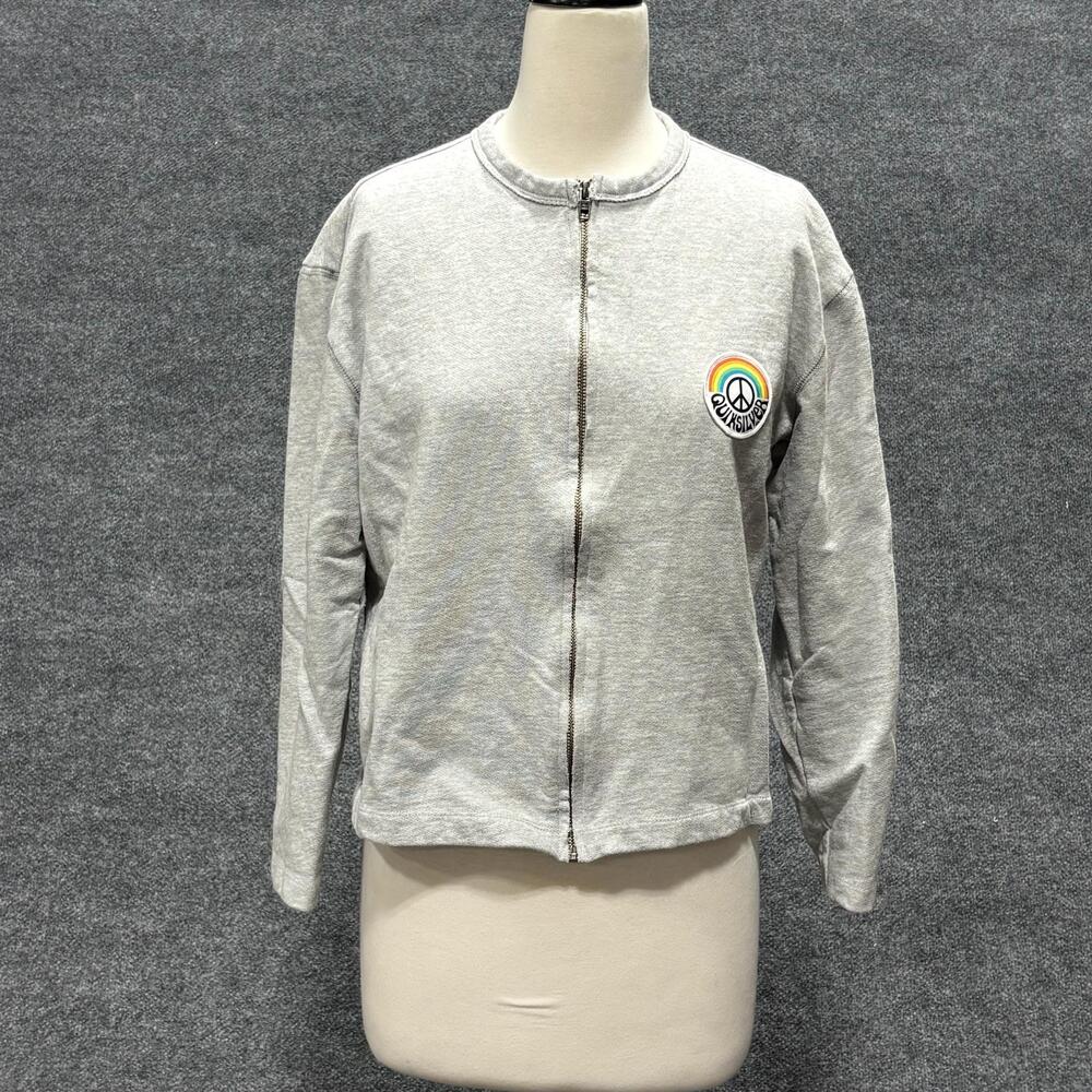 Quiksilver Sweatshirt Womens Small Gray Full Zip Peace Rainbow Logo Crew Neck